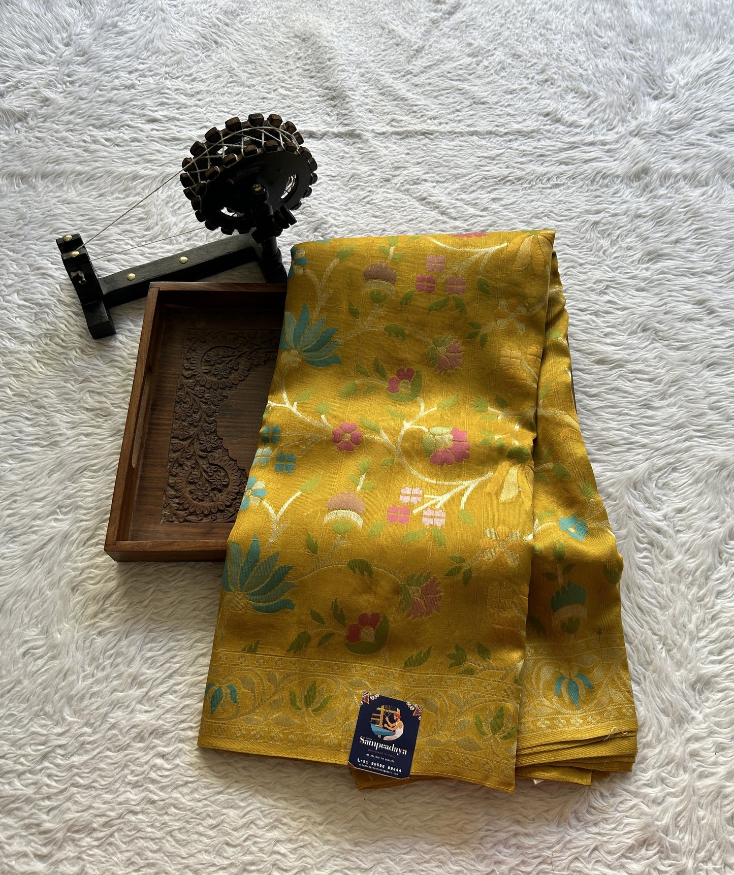 Banarasi Tussar Georgette Saree Mustard Colored Complemented with a Minakari border. - Sampradaya Designer Studio