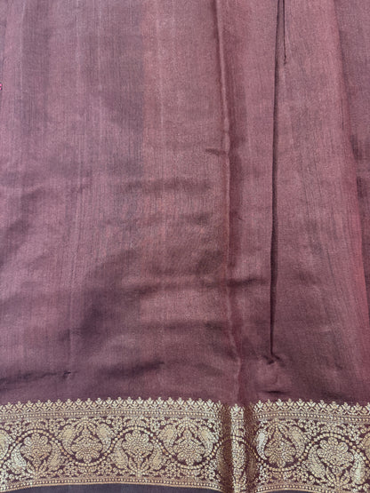 Pure Chiniya Silk Saree Brown Colored Elegantly Paired with a Gold Zari Border.
