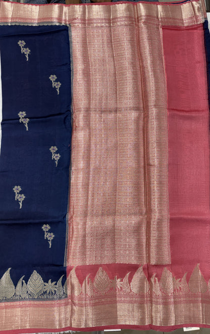 Pure Chiniya Silk Saree Navy Blue Colored Elegantly Paired with a Gold Zari Border.
