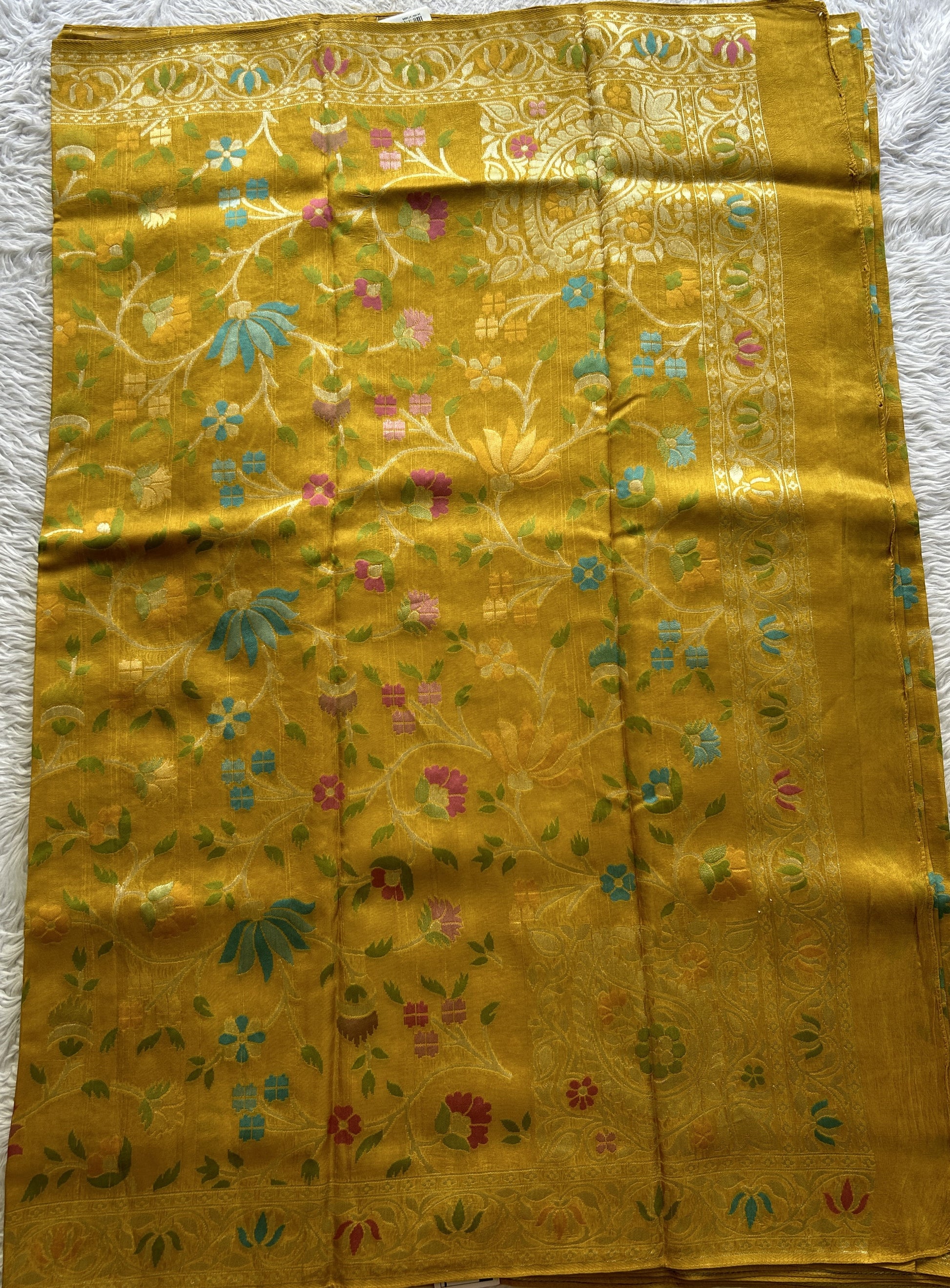 Banarasi Tussar Georgette Saree Mustard Colored Complemented with a Minakari border. - Sampradaya Designer Studio