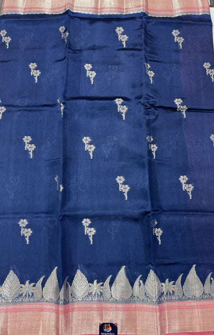 Pure Chiniya Silk Saree Navy Blue Colored Elegantly Paired with a Gold Zari Border.