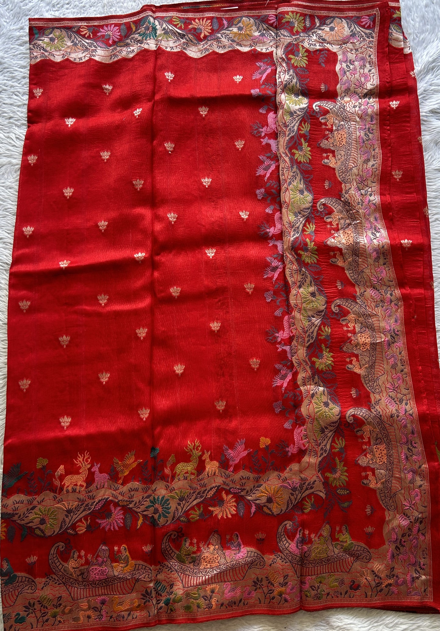 Banarasi Tussar Georgette Saree Red Colored Complemented with a Minakari border. - Sampradaya Designer Studio