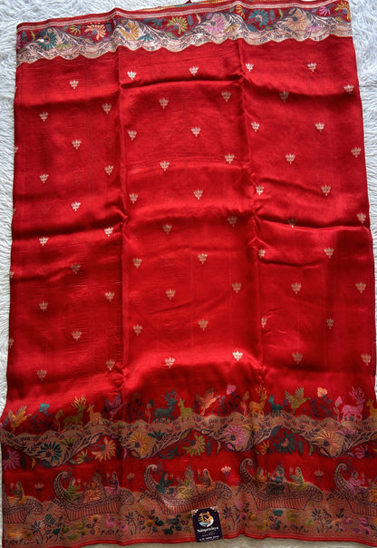 Banarasi Tussar Georgette Saree Red Colored Complemented with a Minakari border. - Sampradaya Designer Studio