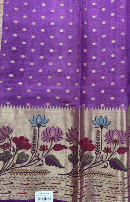 Pure Chiniya Silk Saree Striking Purple Colored Elegantly Paired with a Gold Zari Border.