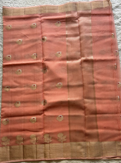 Silk kota Saree Peach colored Complemented with a Zari Border. - Sampradaya Designer Studio