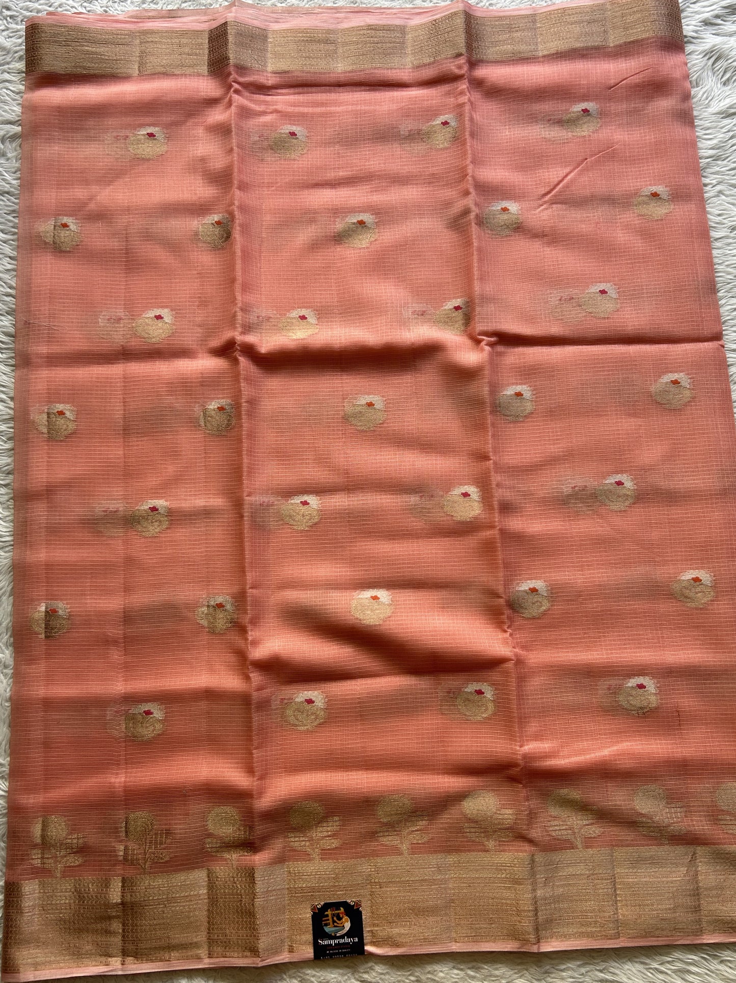 Silk kota Saree Peach colored Complemented with a Zari Border. - Sampradaya Designer Studio