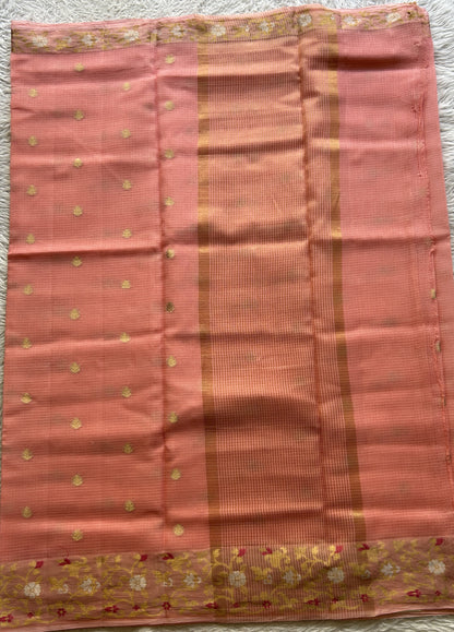 Silk kota Saree Light Peach colored Complemented with a Zari Border. - Sampradaya Designer Studio