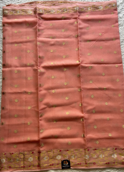 Silk kota Saree Light Peach colored Complemented with a Zari Border. - Sampradaya Designer Studio