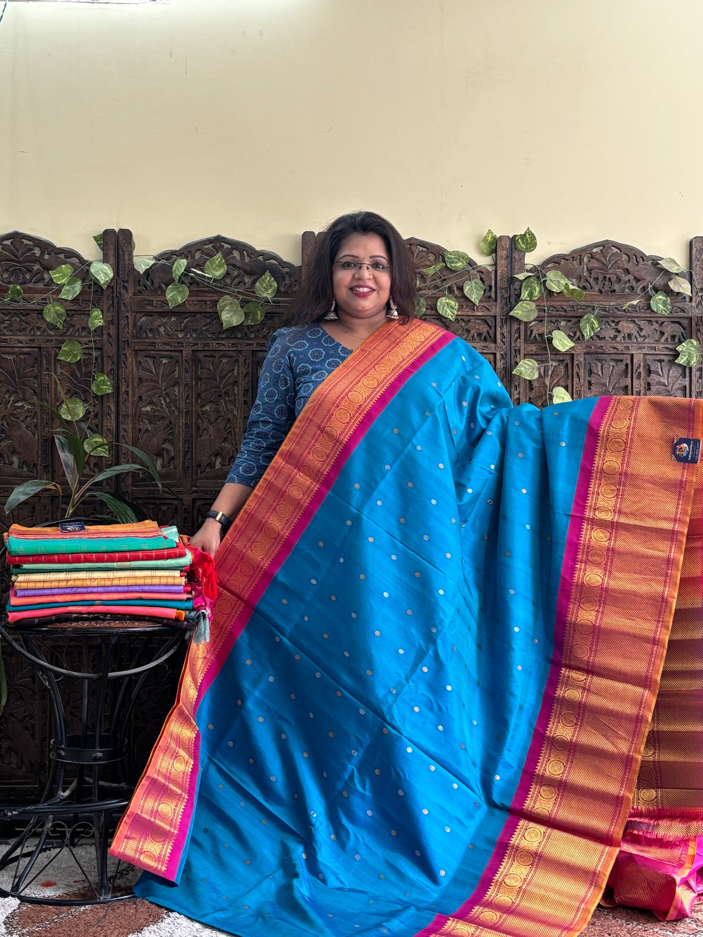 Gadwal Silk Saree Aqua Blue Colored Complemented With Zari Border. - Sampradaya Designer Studio
