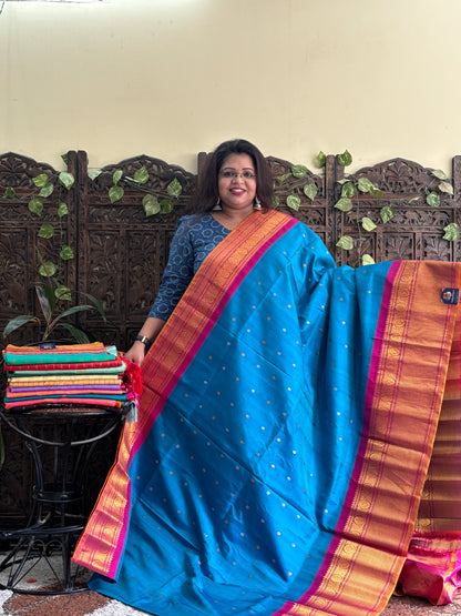Gadwal Silk Saree Aqua Blue Colored Complemented With Zari Border. - Sampradaya Designer Studio