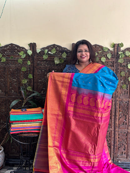 Gadwal Silk Saree Aqua Blue Colored Complemented With Zari Border. - Sampradaya Designer Studio