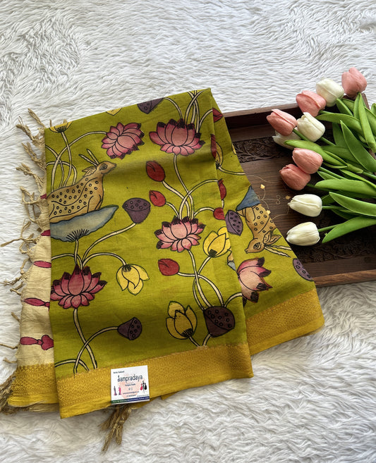 Pen Kalamkari Parrot Green Colored Dupatta With a Zari Border. - Sampradaya Designer Studio