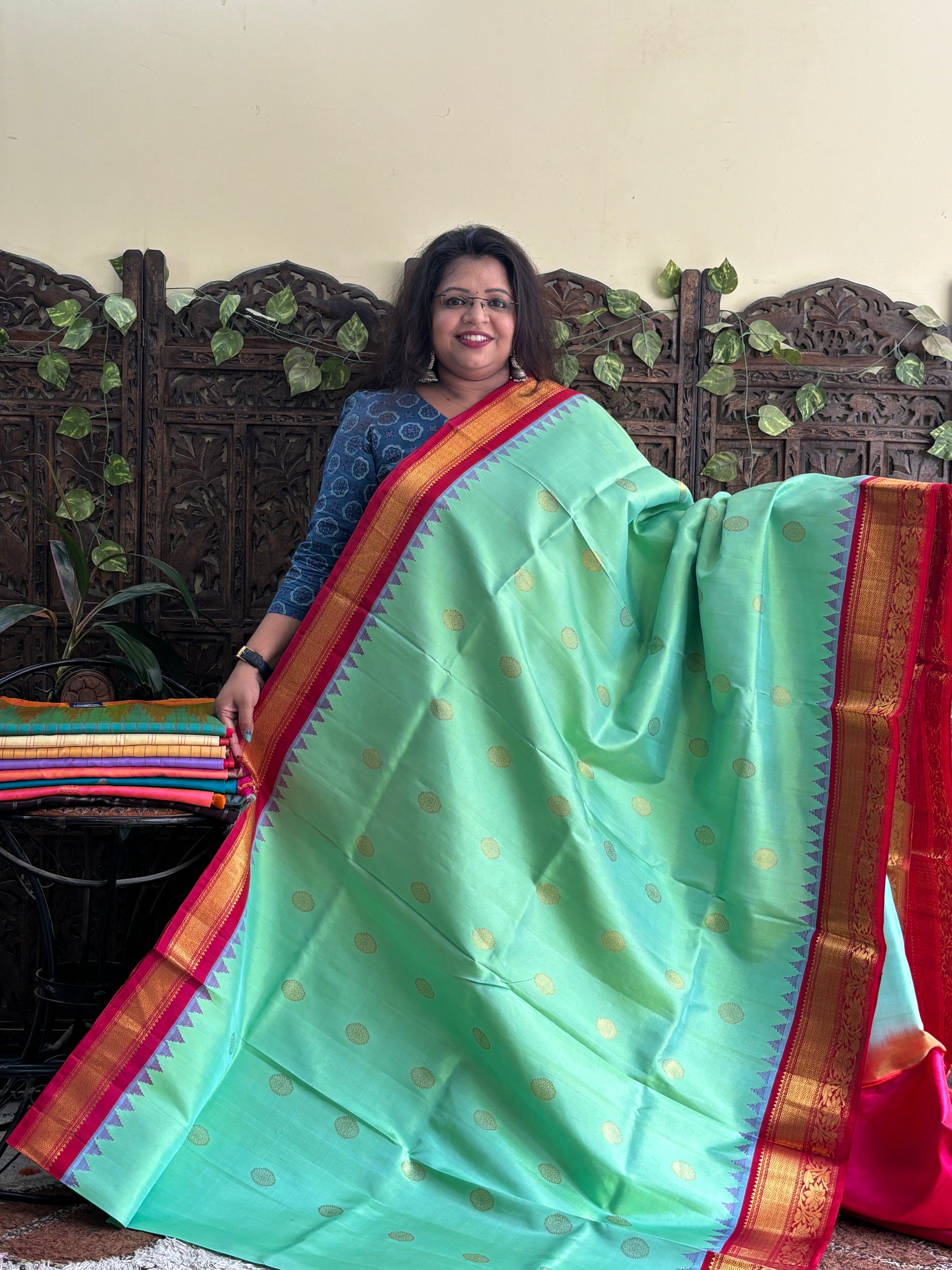 Gadwal Silk Saree Sea Green Colored Complemented With Zari Border. - Sampradaya Designer Studio
