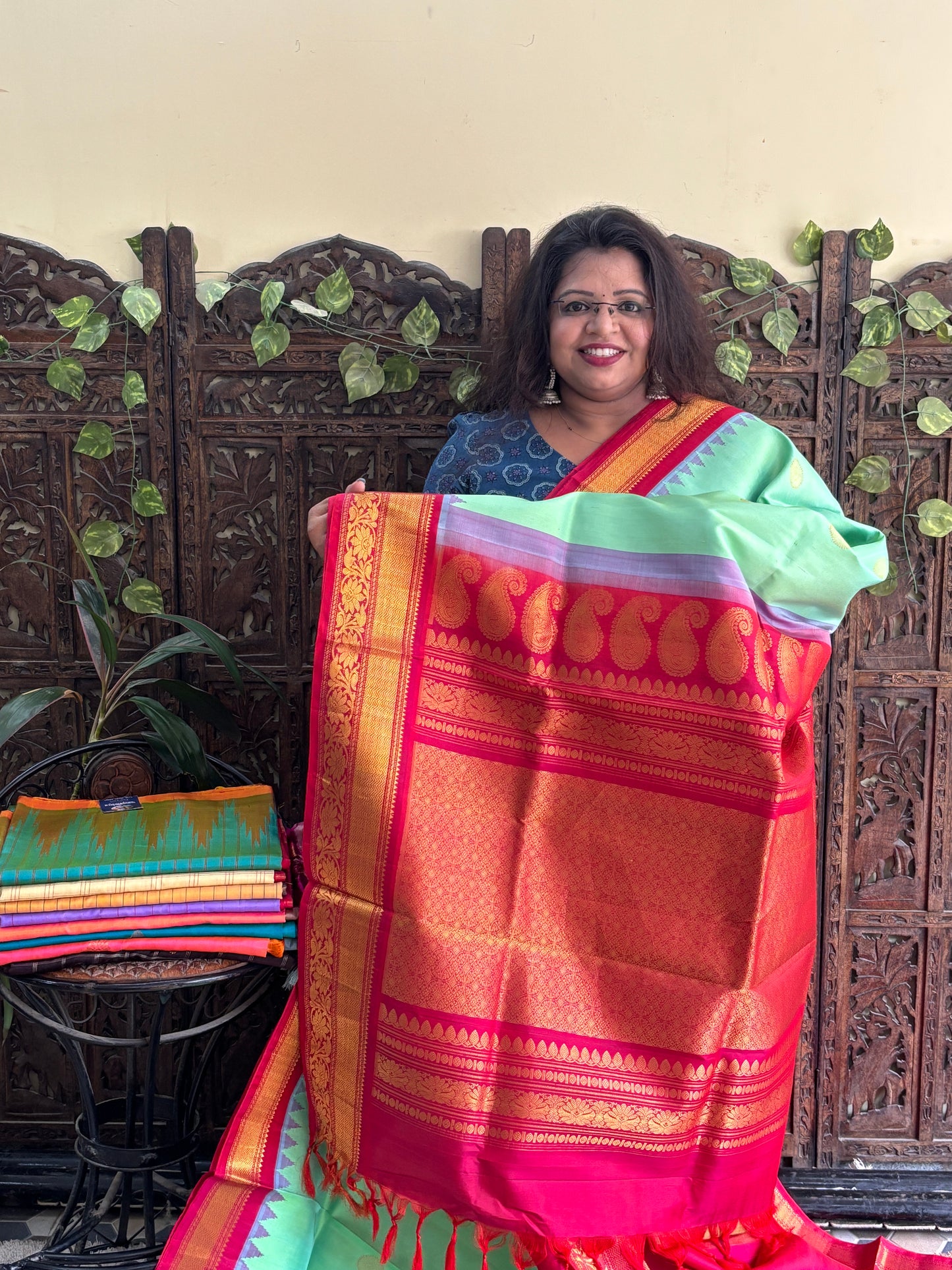 Gadwal Silk Saree Sea Green Colored Complemented With Zari Border. - Sampradaya Designer Studio