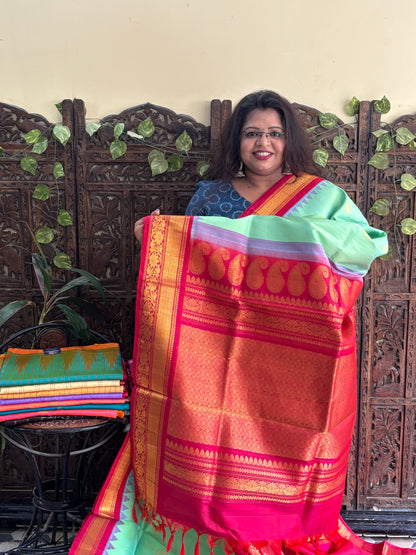 Gadwal Silk Saree Sea Green Colored Complemented With Zari Border. - Sampradaya Designer Studio