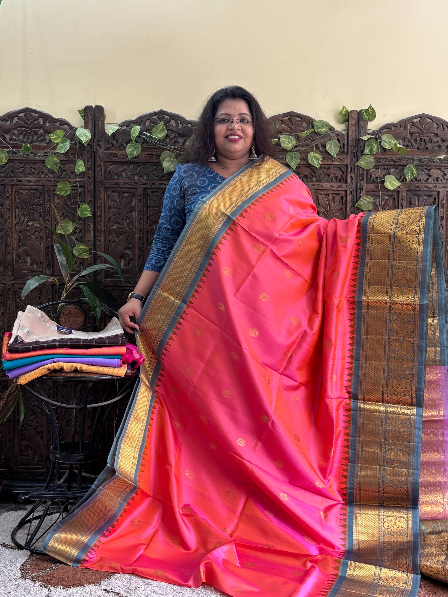 Gadwal Silk Saree Dark Peach Colored Complemented With a Zari Border. - Sampradaya Designer Studio