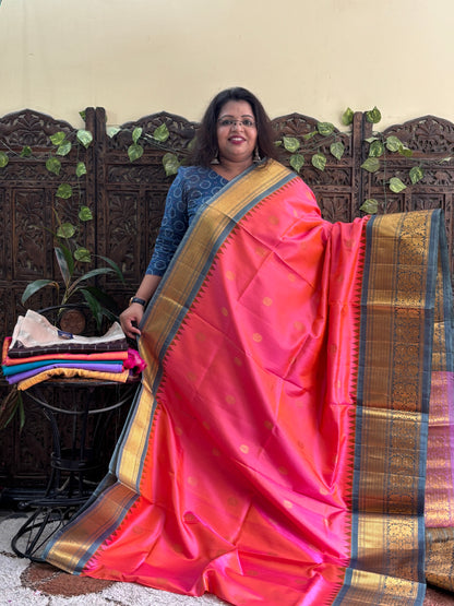 Gadwal Silk Saree Dark Peach Colored Complemented With a Zari Border. - Sampradaya Designer Studio