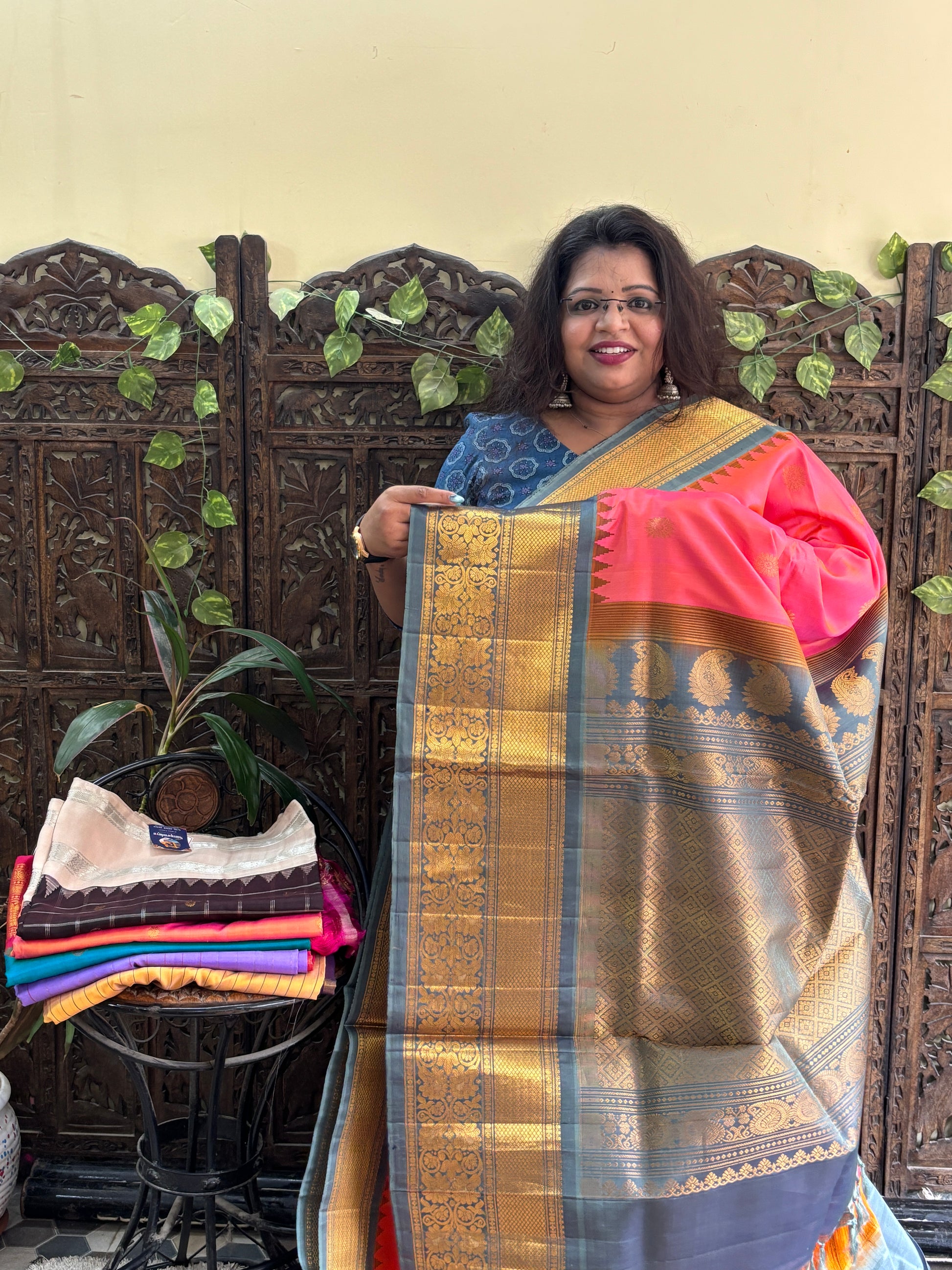 Gadwal Silk Saree Dark Peach Colored Complemented With a Zari Border. - Sampradaya Designer Studio