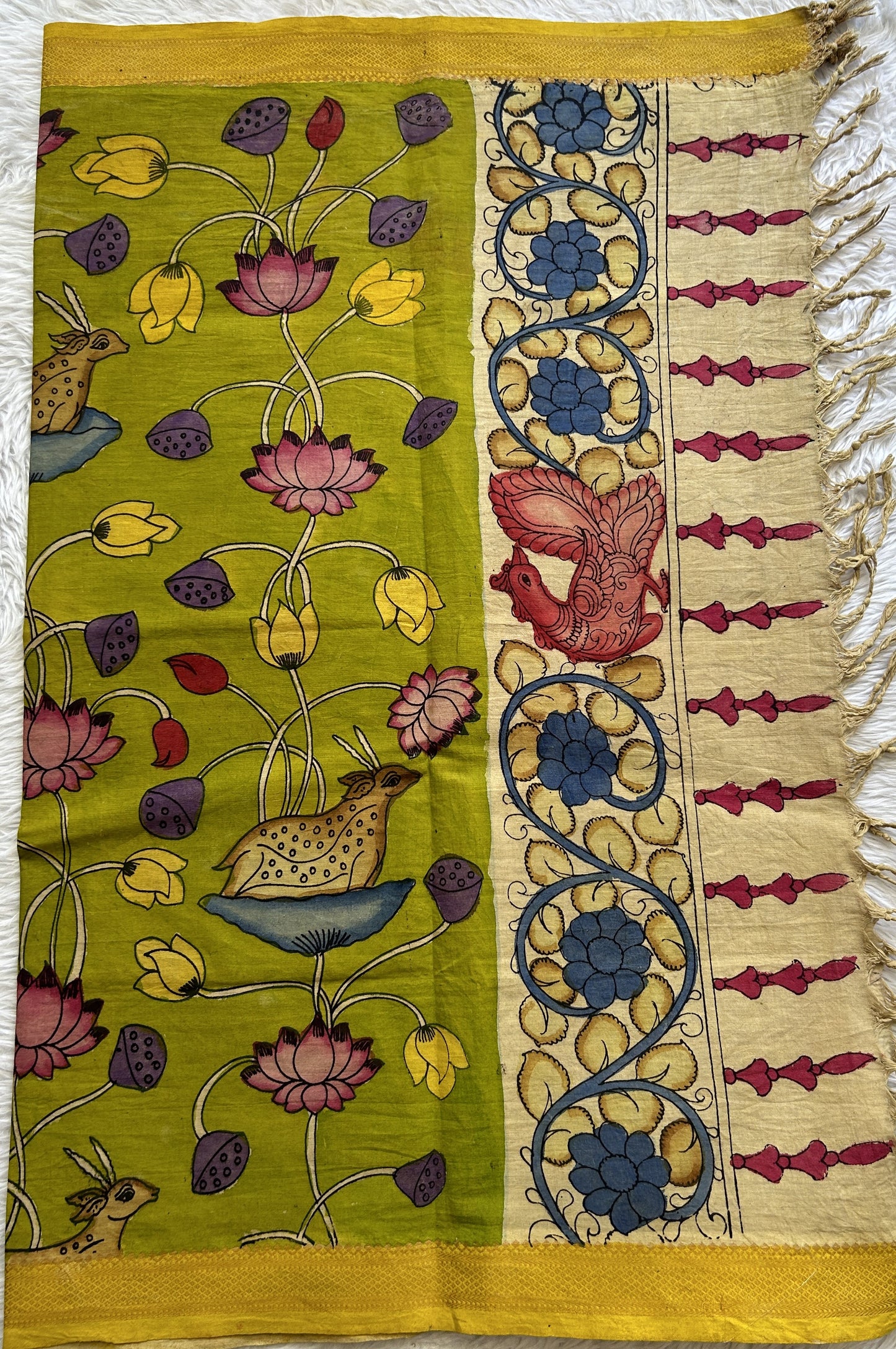 Pen Kalamkari Parrot Green Colored Dupatta With a Zari Border. - Sampradaya Designer Studio