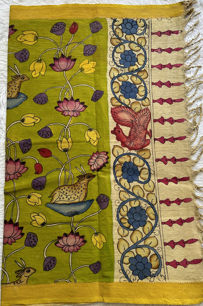 Pen Kalamkari Parrot Green Colored Dupatta With a Zari Border. - Sampradaya Designer Studio