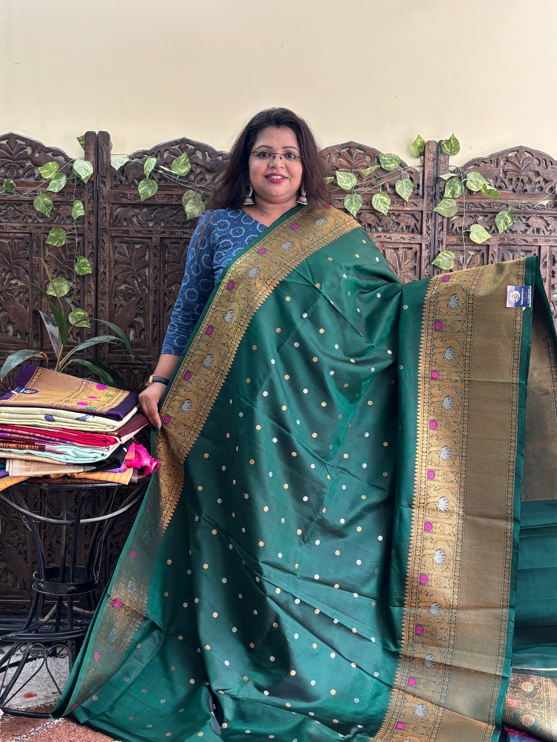 Gadwal Silk Saree Dark Bottle Green Colored Complemented With a Zari Border. - Sampradaya Designer Studio