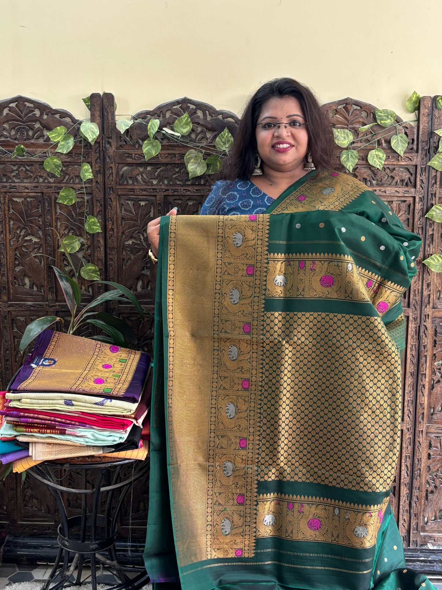 Gadwal Silk Saree Dark Bottle Green Colored Complemented With a Zari Border. - Sampradaya Designer Studio