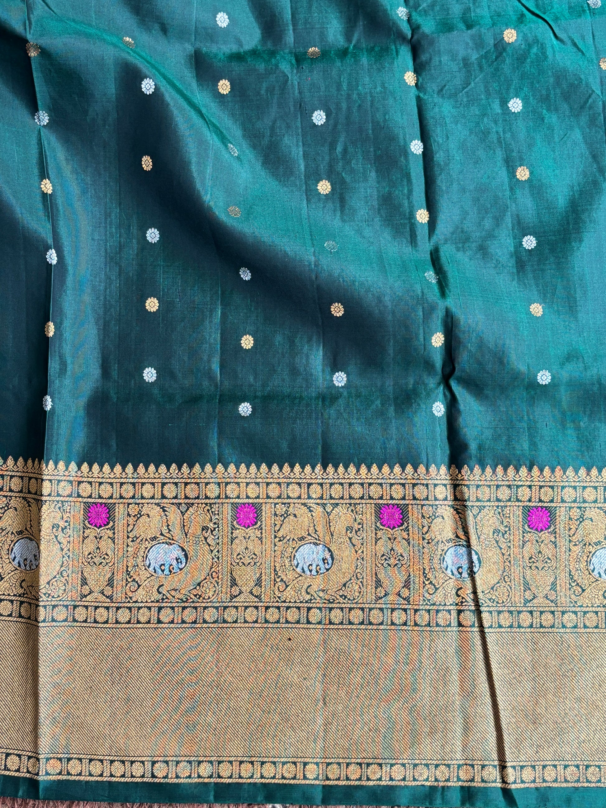 Gadwal Silk Saree Dark Bottle Green Colored Complemented With a Zari Border. - Sampradaya Designer Studio