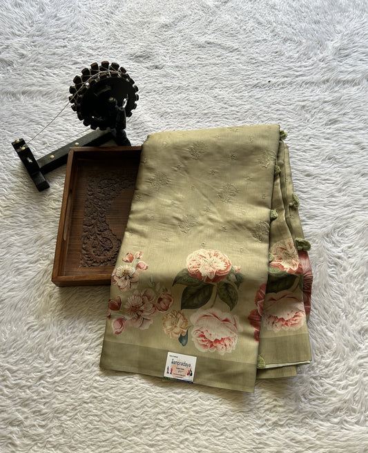 Banarasi Soft Silk Saree Olive Green Colored Complemented with a Plain Border. - Sampradaya Designer Studio