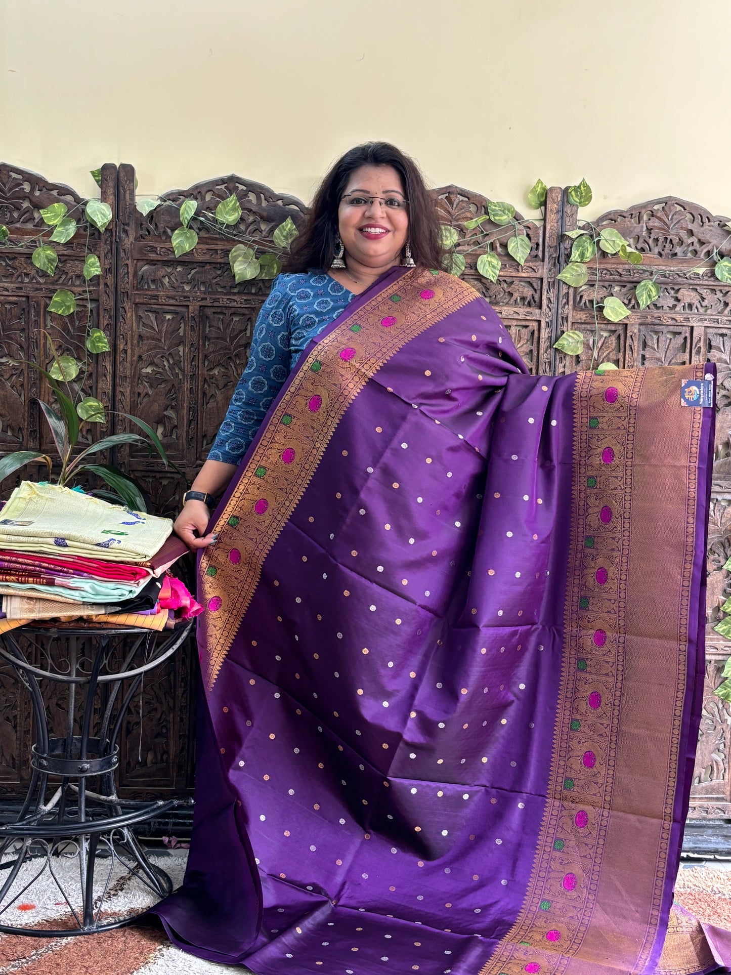 Gadwal Silk Saree Purple Colored Complemented With a Zari Border. - Sampradaya Designer Studio