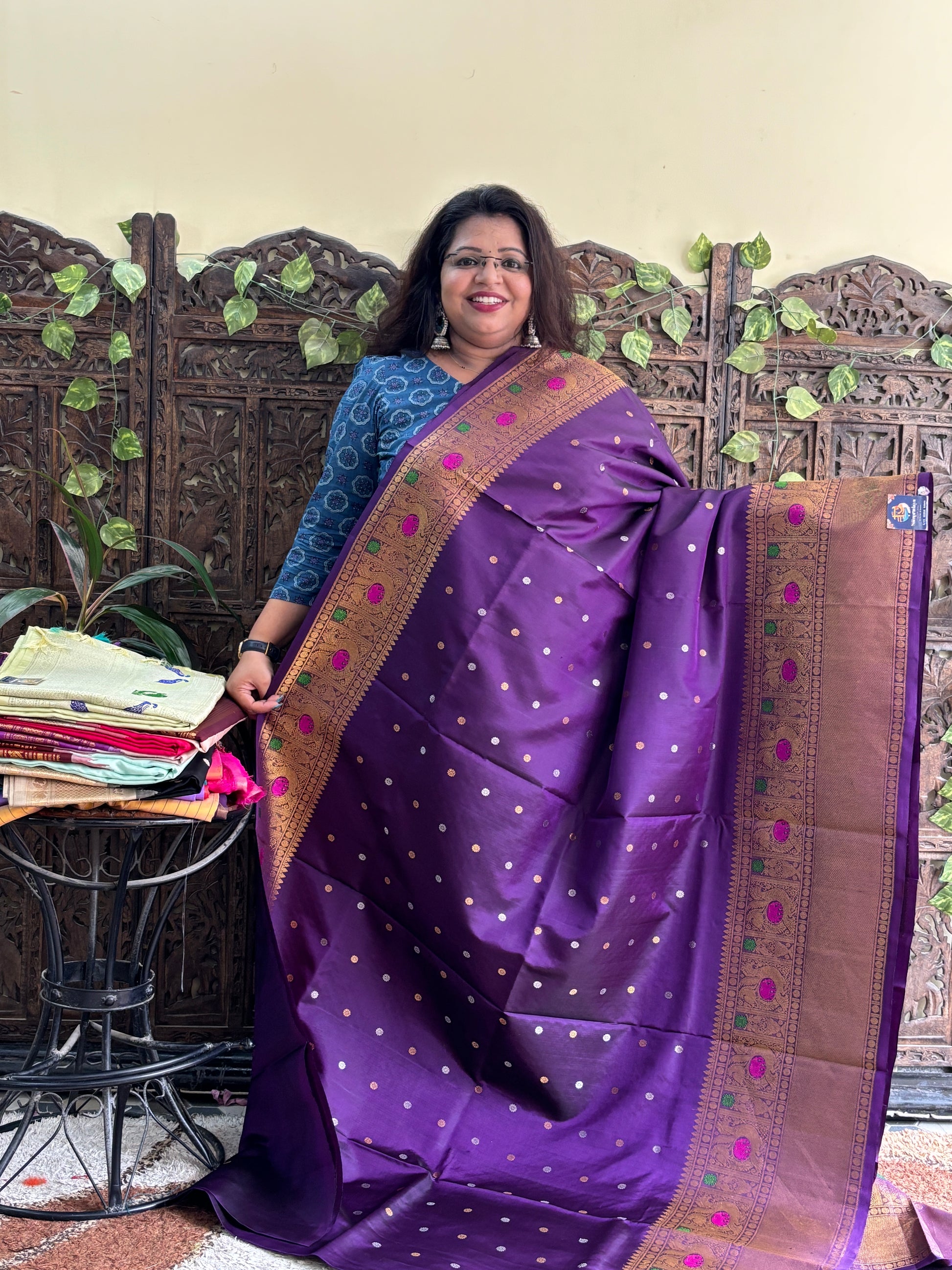 Gadwal Silk Saree Purple Colored Complemented With a Zari Border. - Sampradaya Designer Studio