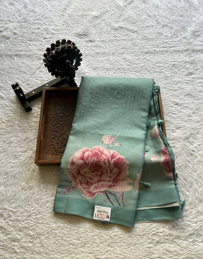 Banarasi Soft Silk Saree Aqua Blue Colored Complemented with a Plain Border. - Sampradaya Designer Studio