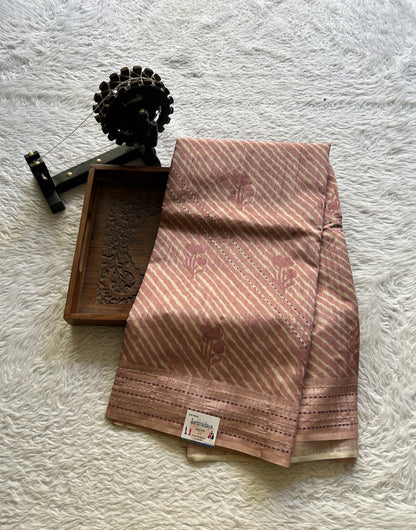 Semi Tussar Saree Light Rose Pink Colored complemented with a Running Stich Border. - Sampradaya Designer Studio