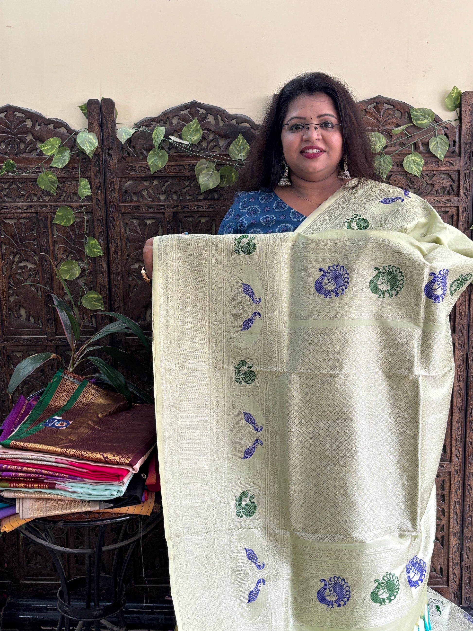Gadwal Silk Saree Light Pista Green Colored Complemented With a Zari Border - Sampradaya Designer Studio