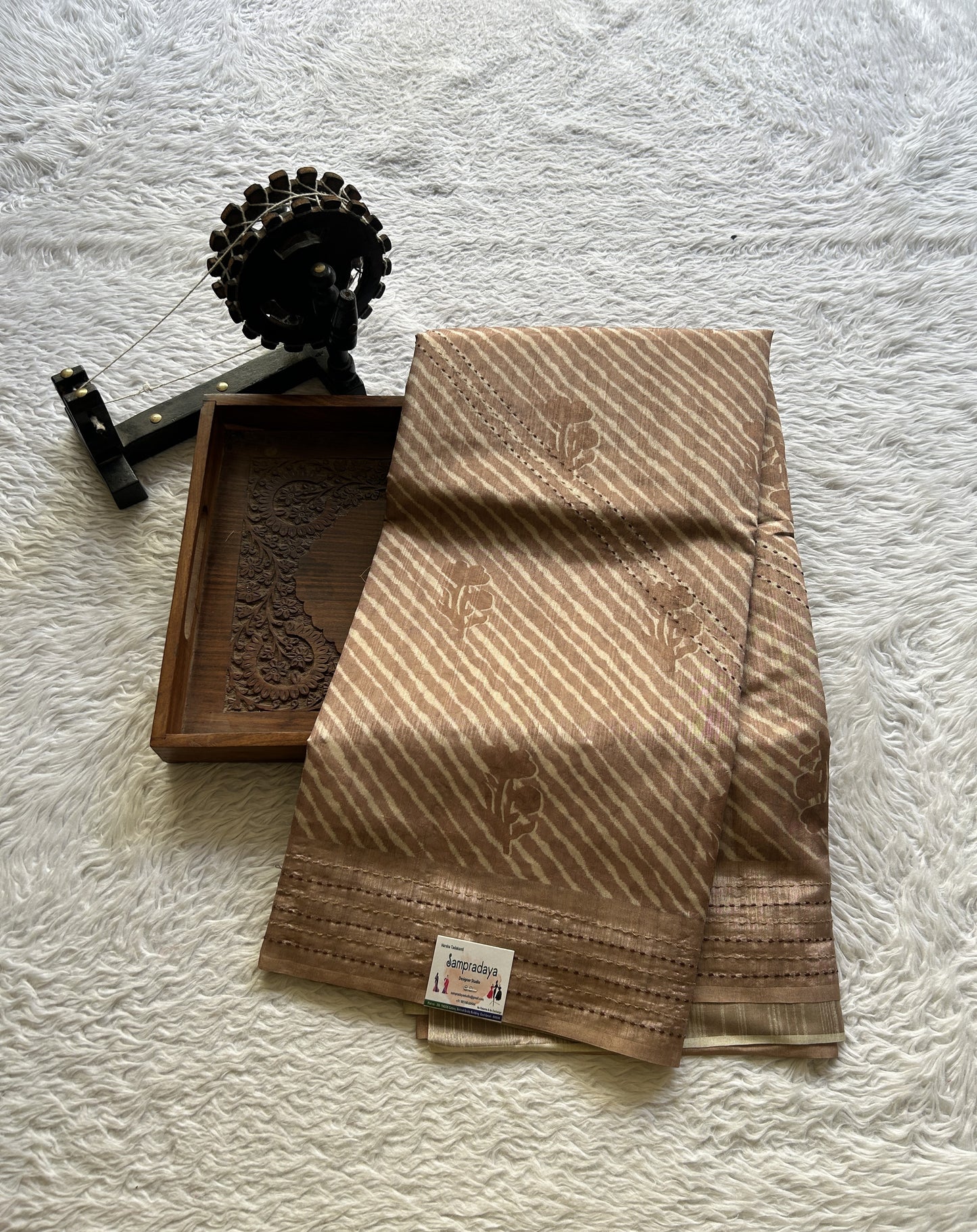 Semi Tussar Saree Light Brown Colored complemented with a Running Stich Border. - Sampradaya Designer Studio