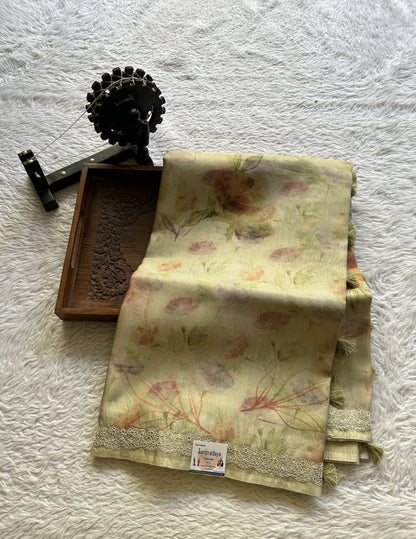 Semi Tussar Saree Light Green Colored complemented with a Embroidered Border. - Sampradaya Designer Studio