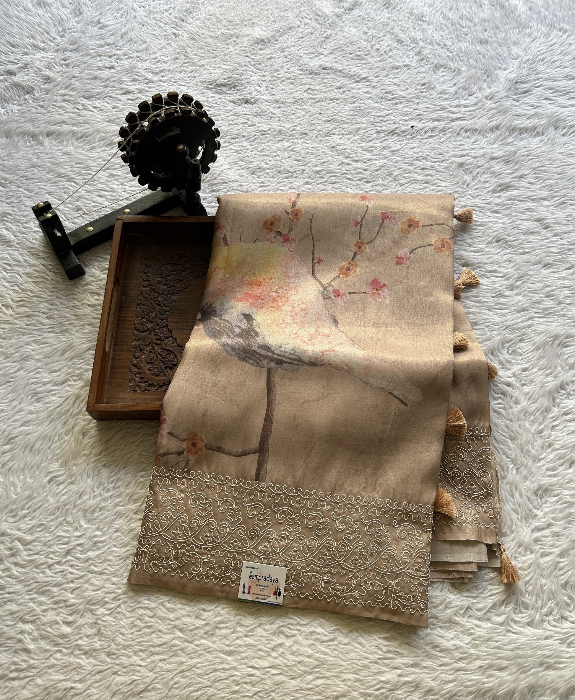Semi Tussar Saree Light Brown Colored complemented with a Embroidered Border. - Sampradaya Designer Studio