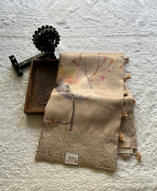 Semi Tussar Saree Light Brown Colored complemented with a Embroidered Border. - Sampradaya Designer Studio