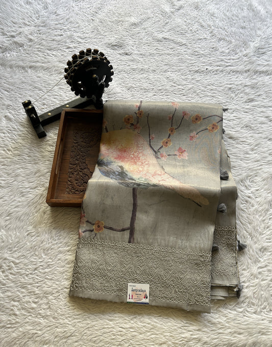 Semi Tussar Saree Light Gray Colored complemented with a Embroidered Border. - Sampradaya Designer Studio