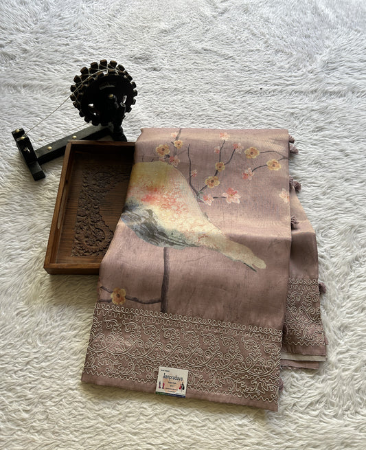 Semi Tussar Saree Onion Pink Colored complemented with a Embroidered Border. - Sampradaya Designer Studio