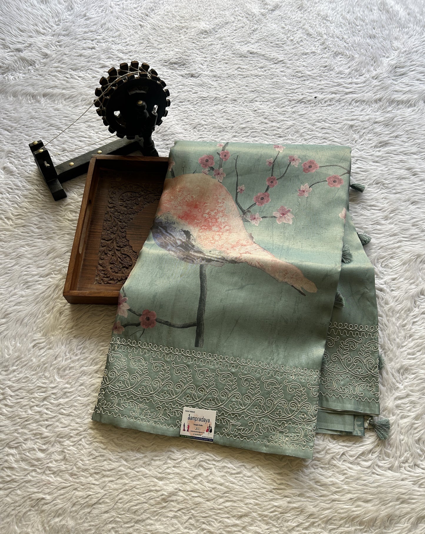Semi Tussar Saree Sea Green Colored complemented with a Embroidered Border. - Sampradaya Designer Studio