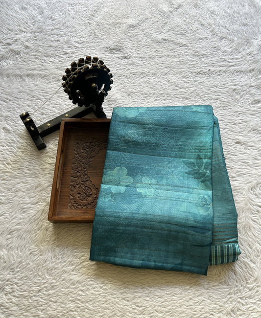 Semi Tussar Saree Blue Colored complemented with a Zari Border. - Sampradaya Designer Studio