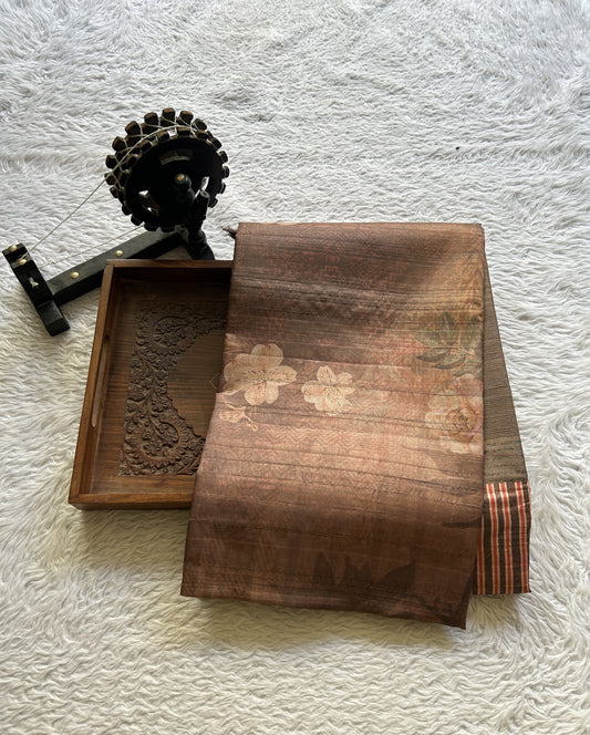 Semi Tussar Saree Russet Colored complemented with a Zari Border. - Sampradaya Designer Studio