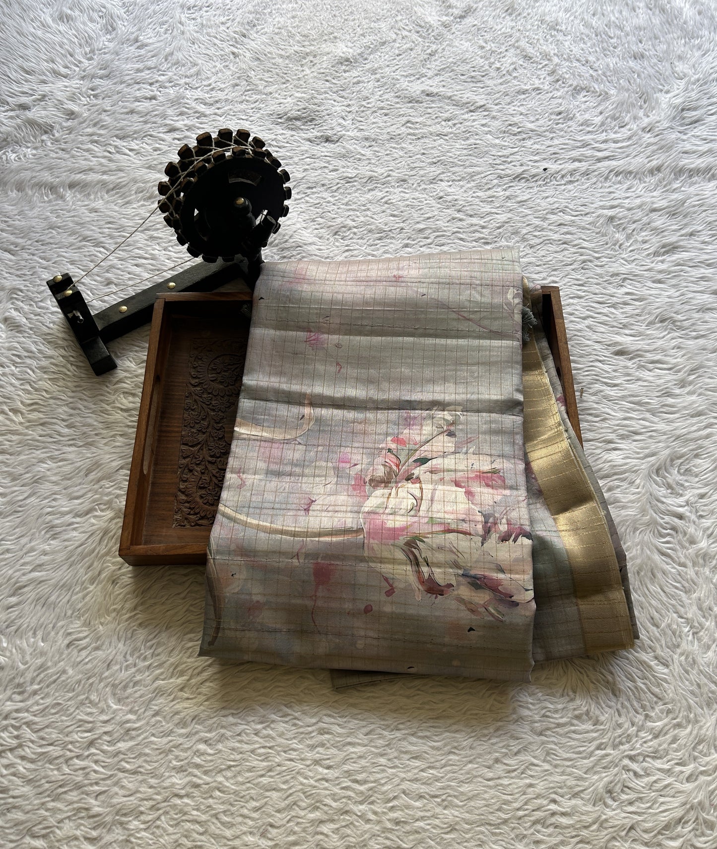 Semi Tussar Saree Light Ash Colored complemented with a Zari Border. - Sampradaya Designer Studio