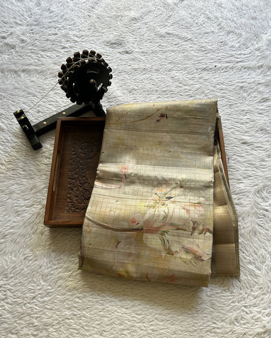 Semi Tussar Saree Very Light Green Colored complemented with a Zari Border. - Sampradaya Designer Studio