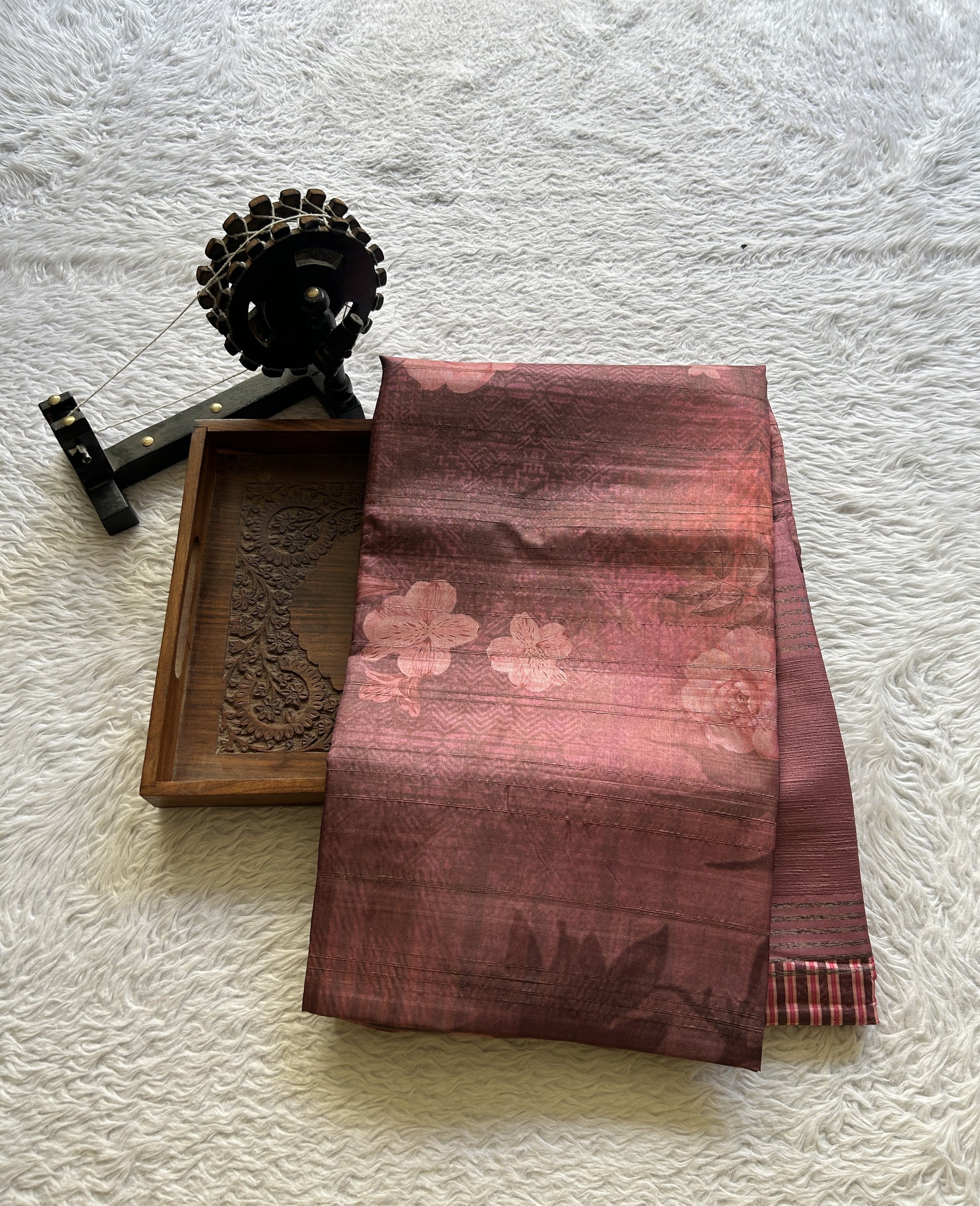 Semi Tussar Saree Currant Colored complemented with a Zari Border. - Sampradaya Designer Studio