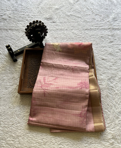 Semi Tussar Saree Blush Colored complemented with a Zari Border. - Sampradaya Designer Studio