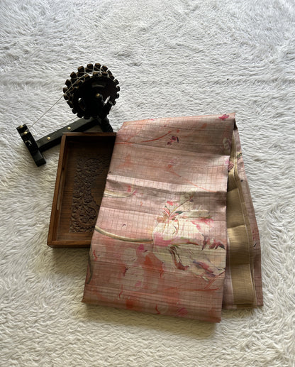 Semi Tussar Saree Pale Pink Colored complemented with a Zari Border. - Sampradaya Designer Studio