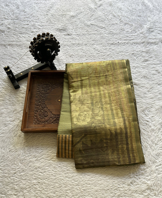 Semi Tussar Saree Avocado Colored complemented with a Zari Border. - Sampradaya Designer Studio