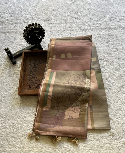 Semi Tussar Saree Multi Colored complemented with a Zari Border. - Sampradaya Designer Studio