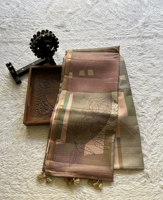 Semi Tussar Saree Multi Colored complemented with a Zari Border. - Sampradaya Designer Studio